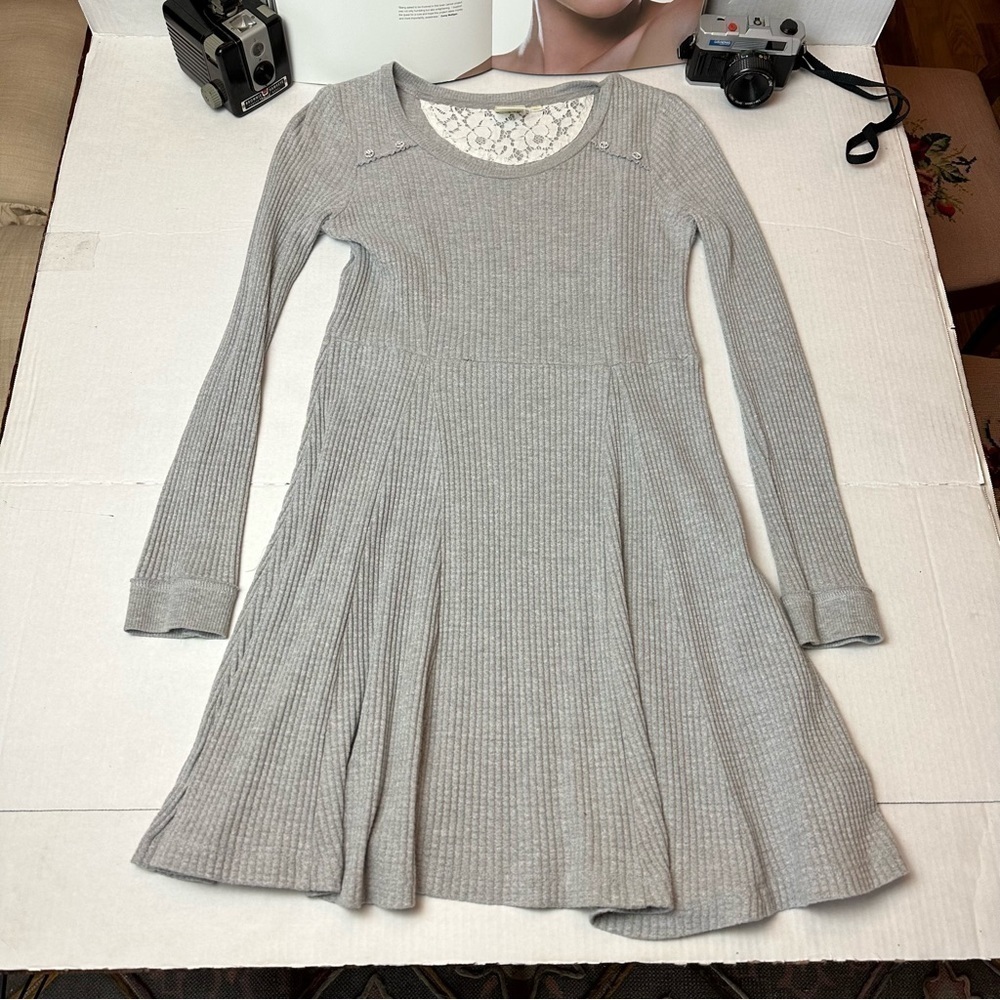 Eloise Gray Waffle Knit Fit & Flare Dress Lace Back Size Small Cottagecore - Picture 1 of 11
